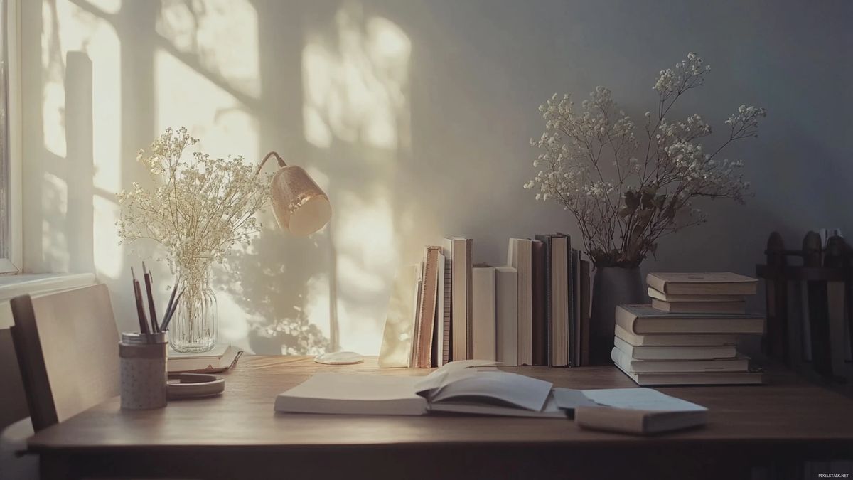 An open book resting on a table, lit by warm rays of light
