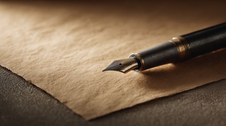 A notebook and fountain pen on a writing desk